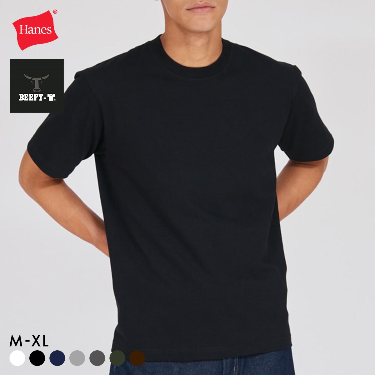 ヘインズ Hanes ビーフィー BEEFY-T ショートスリーブ クルーネックTシャツ HM1-D001 ヘビーウェイト 白T H5180(BK-ブラック-M)