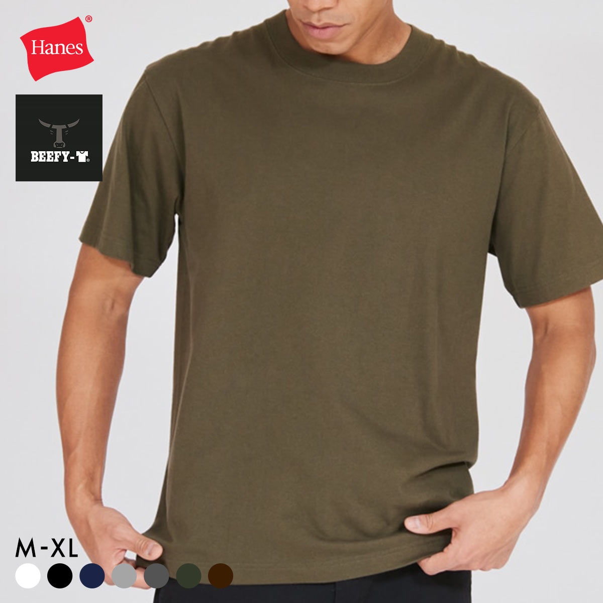 ヘインズ Hanes ビーフィー BEEFY-T ショートスリーブ クルーネックTシャツ HM1-D001 ヘビーウェイト 白T H5180(OV-オリーブ-M)