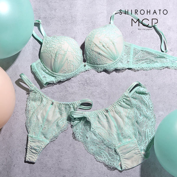 ブラジャー ショーツ セット Tバック 3点 モンシェルピジョン Mon cher pigeon トレラトルタ AA A B C D E バルーンブラ 総レース(AQ-アクア-AA70-M)