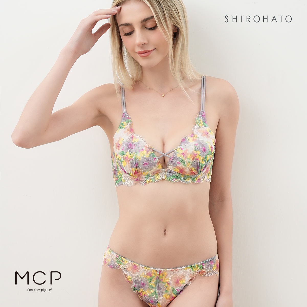 ブラジャー ショーツ セット モンシェルピジョン Mon cher pigeon トリエブーケ ABCDEF 総レース レースアップ 大きいサイズ(OW-オフホワイト-A65-M)