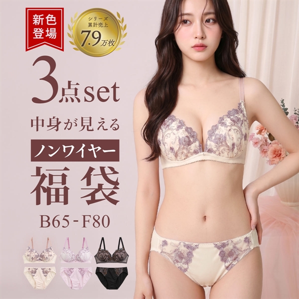 選べる7タイプ ノンワイヤー ブラジャー ショーツ 3点セット 刺繍レース＆ワントーンレース 福袋 アンダー80 下着 レディース 大きいサイズ