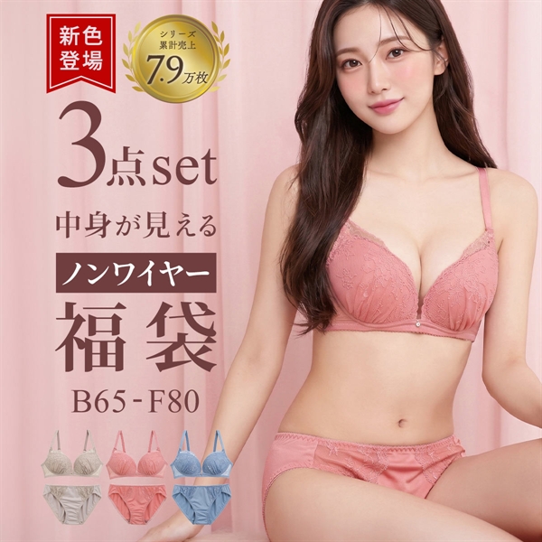選べる7タイプ ノンワイヤー ブラジャー ショーツ 3点セット 刺繍レース＆ワントーンレース 福袋 アンダー80 下着 レディース 大きいサイズ