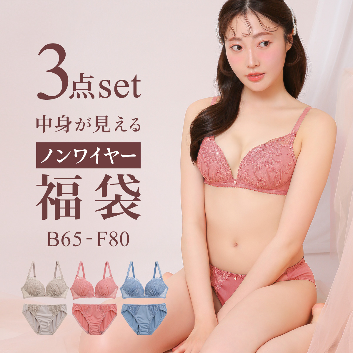 選べる4タイプ ノンワイヤー ブラジャー ショーツ 3点セット 刺繍レース＆ワントーンレース 福袋 アンダー80 下着 レディース 大きいサイズ(Dタイプ-B65)