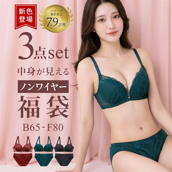 選べる7タイプ ノンワイヤー ブラジャー ショーツ 3点セット 刺繍レース＆ワントーンレース 福袋 アンダー80 下着 レディース 大きいサイズ