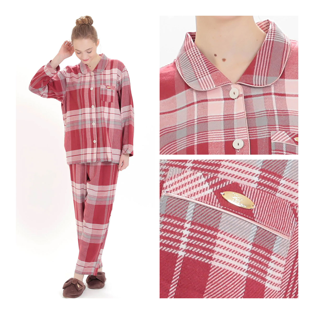 NARUE コットン100% 赤 チェックパジャマ M-L 長袖 ナルエー パジャマ コットンフランネルチェックシャツパジャマ ルーム