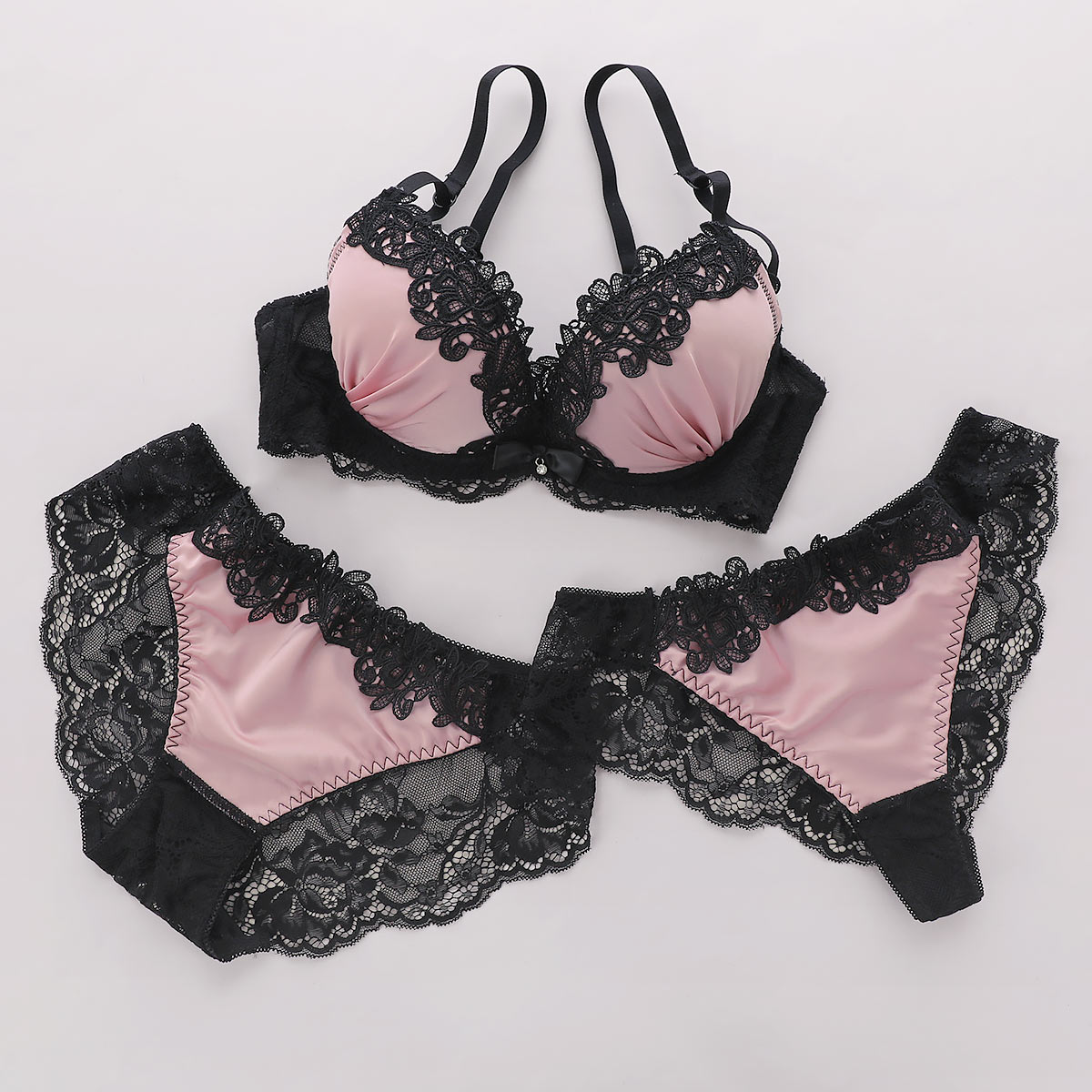 サテンケミカルレース ブラジャー ショーツ セット Tバック 3点セット