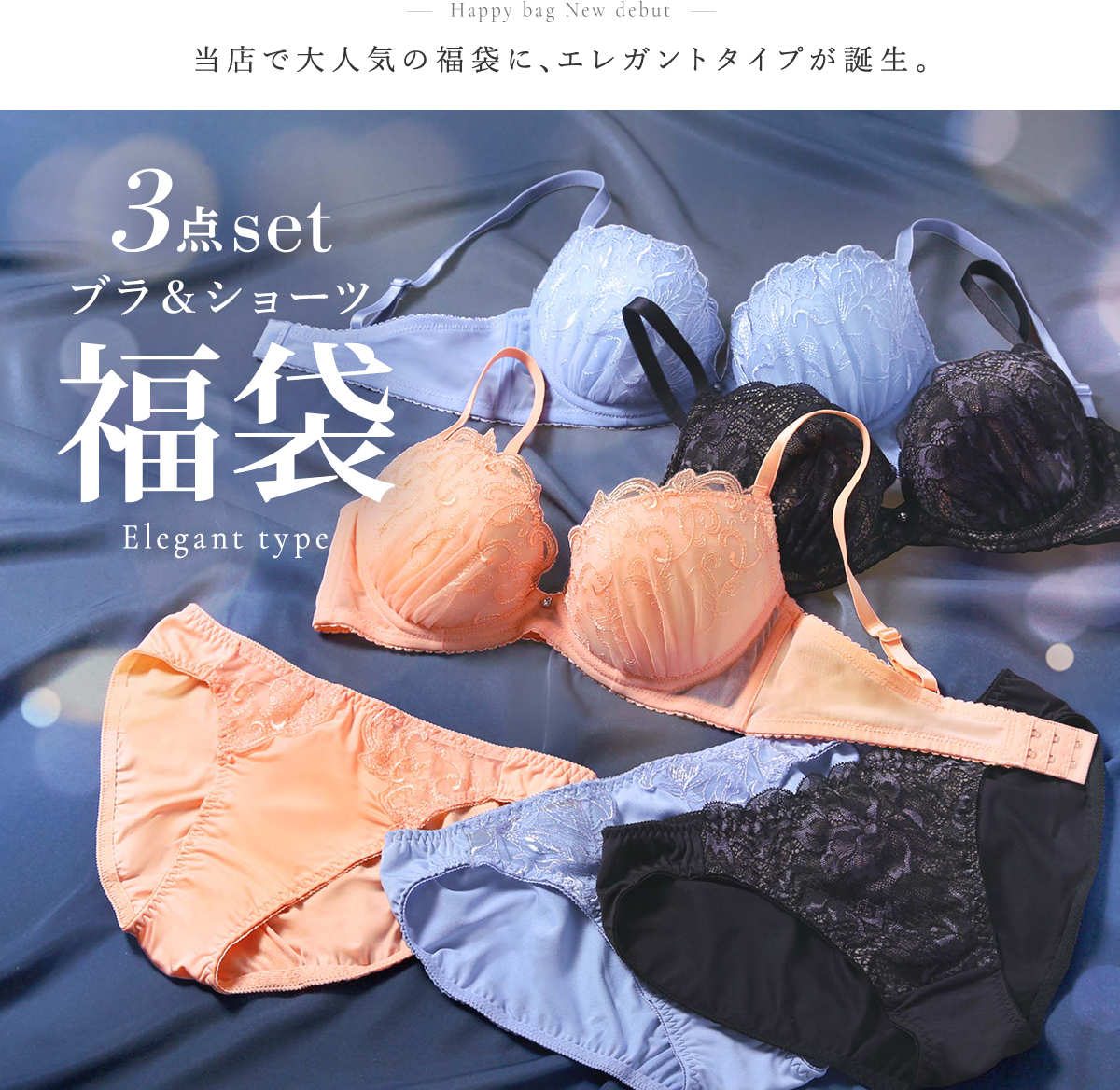 白うさぎさん タイパンツ3点セット ブラジャー ショーツ セット 3点 福袋 エレガントタイプ