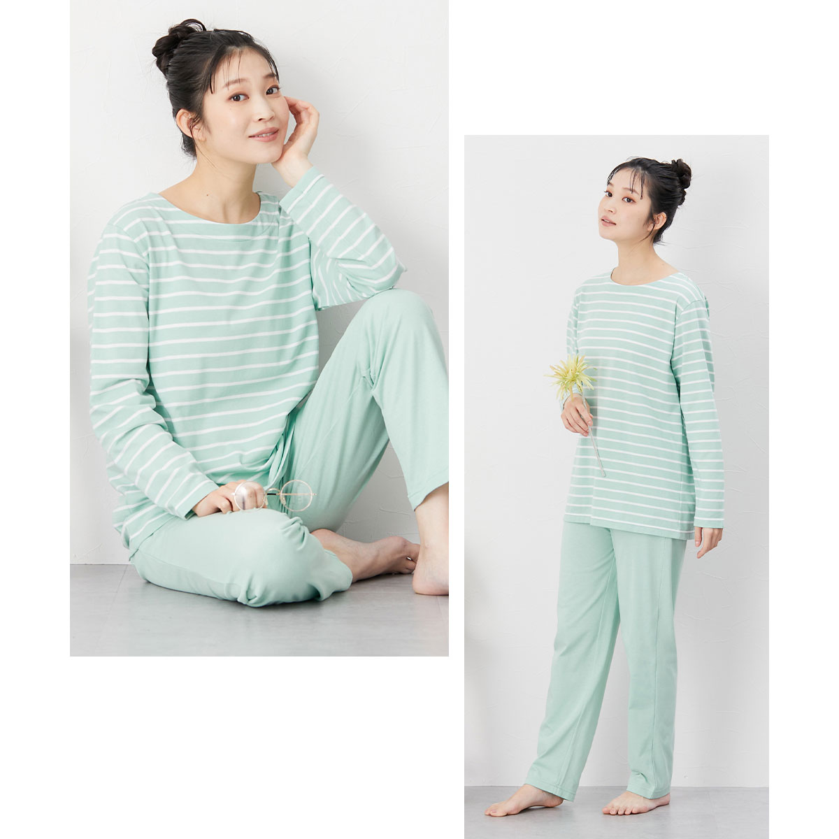 LEONARD パンツセットアップ水色 花柄 ルームウェアストレッチ素材美品 ニッセン 綿混長袖ボーダールームウェア上下セット SM nissen
